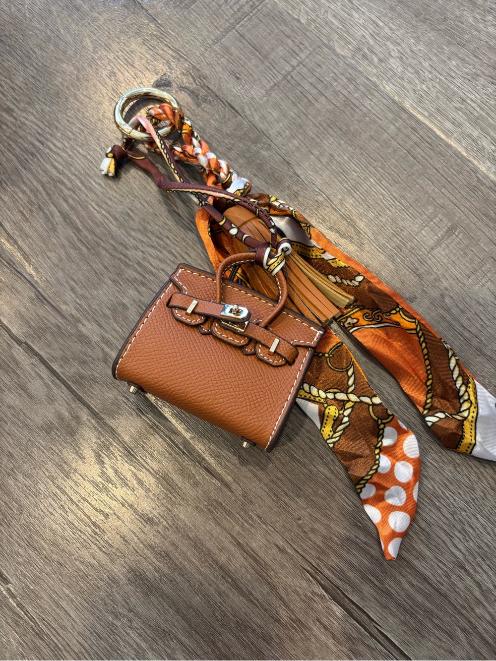 Mini Top Handle Handbag Charm Keychain with Scarf & Tassel – Brown - Picture 2 of 6